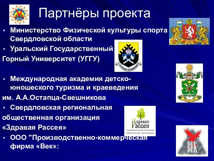 Партнёры проекта Министерство Физической культуры спорта Свердловской области Уральский Государственный