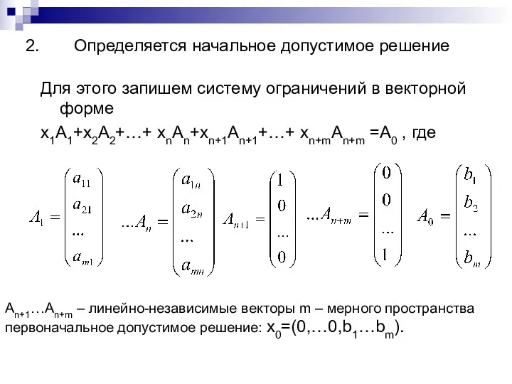 Определяется начальное допустимое решение Для этого запишем систему ограничений в