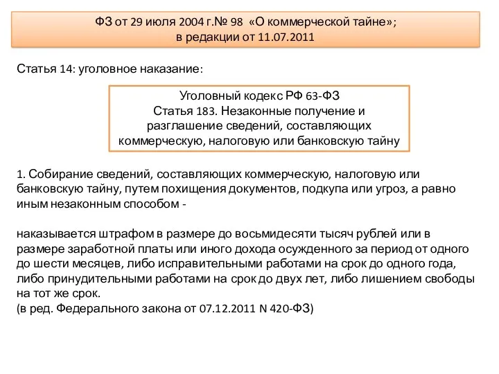 ФЗ от 29 июля 2004 г.№ 98 «О коммерческой тайне»;