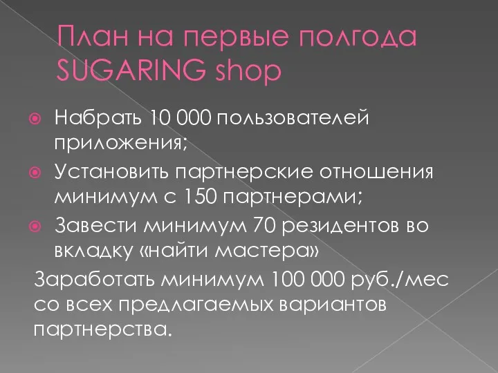 План на первые полгода SUGARING shop Набрать 10 000 пользователей