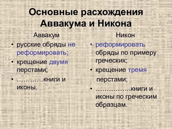 Основные расхождения Аввакума и Никона Аввакум русские обряды не реформировать; крещение двумя перстами;