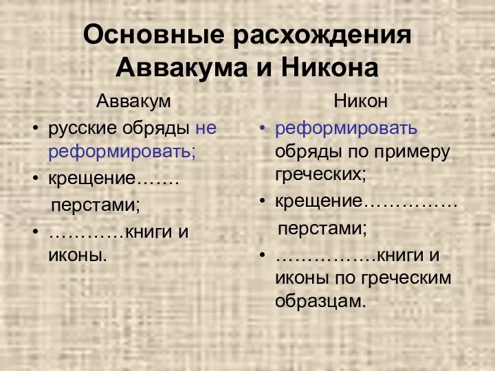 Основные расхождения Аввакума и Никона Аввакум русские обряды не реформировать;