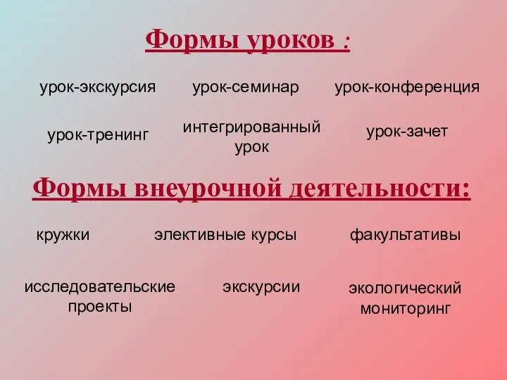 Формы уроков : урок-экскурсия урок-семинар урок-конференция урок-тренинг интегрированный урок Формы