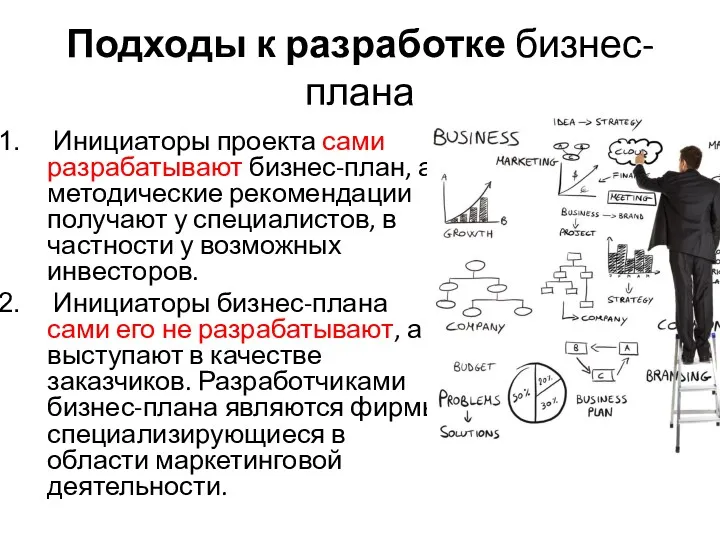 Подходы к разработке бизнес-плана Инициаторы проекта сами разрабатывают бизнес-план, а