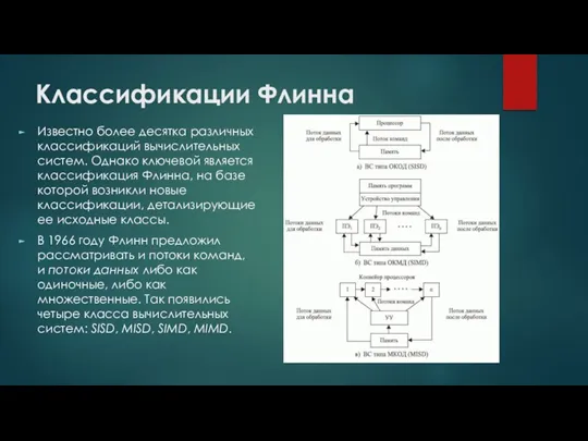 Классификации Флинна Известно более десятка различных классификаций вычислительных систем. Однако