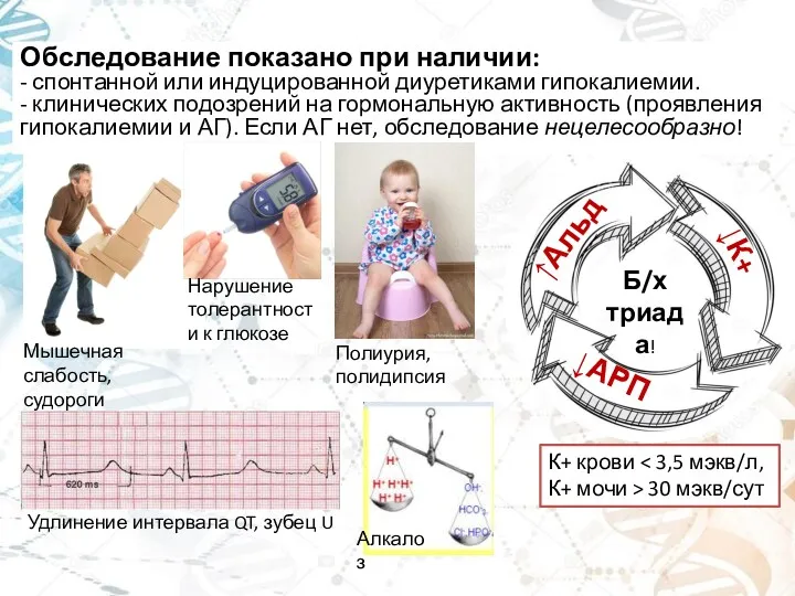 Обследование показано при наличии: - спонтанной или индуцированной диуретиками гипокалиемии.