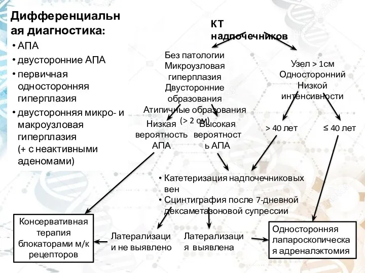 Дифференциальная диагностика: АПА двусторонние АПА первичная односторонняя гиперплазия двусторонняя микро-