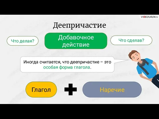 Деепричастие Добавочное действие Что делая? Что сделав? Глагол Наречие Иногда