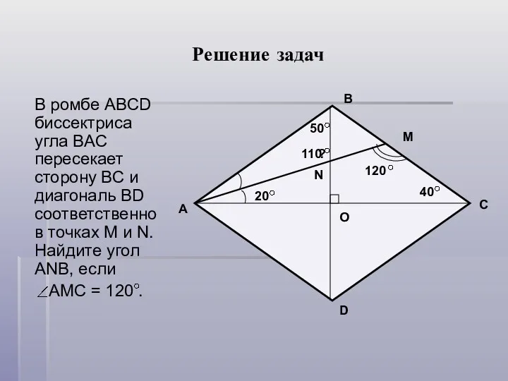 Решение задач В ромбе ABCD биссектриса угла ВAC пересекает сторону