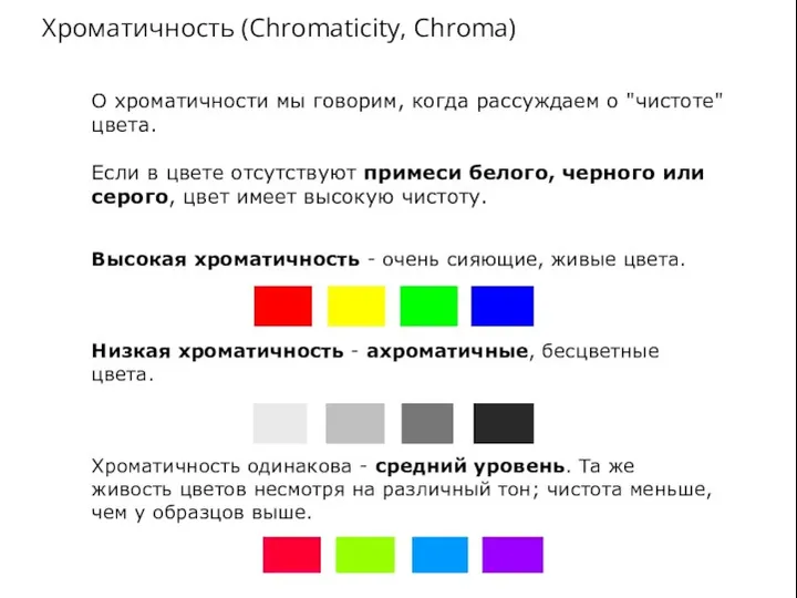 Хроматичность (Chromaticity, Chroma) О хроматичности мы говорим, когда рассуждаем о "чистоте" цвета. Если