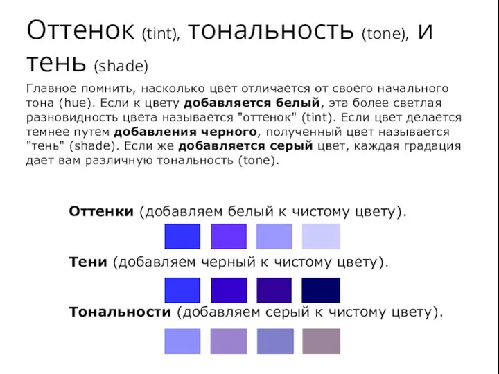 Оттенок (tint), тональность (tone), и тень (shade) Главное помнить, насколько цвет отличается от