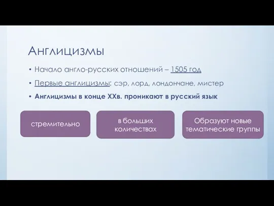 Англицизмы Начало англо-русских отношений – 1505 год Первые англицизмы: сэр,