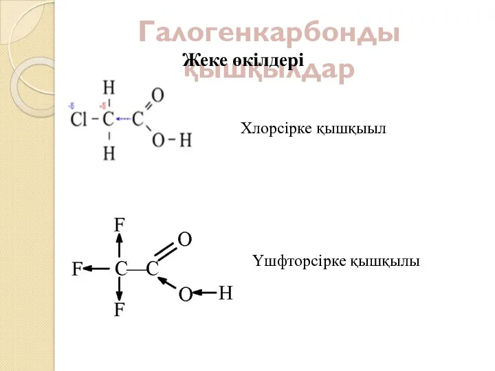 Галогенкарбонды қышқылдар Жеке өкілдері Хлорсірке қышқыыл Үшфторсірке қышқылы