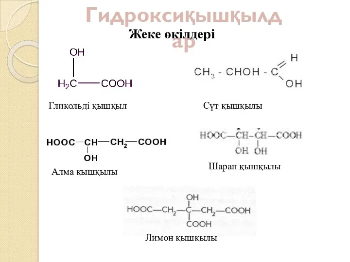 Гидроксиқышқылдар Жеке өкілдері Гликольді қышқыл Сүт қышқылы Алма қышқылы Шарап қышқылы Лимон қышқылы