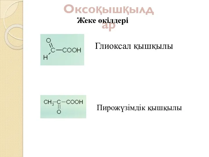 Оксоқышқылдар Жеке өкілдері Глиоксал қышқылы Пирожүзімдік қышқылы