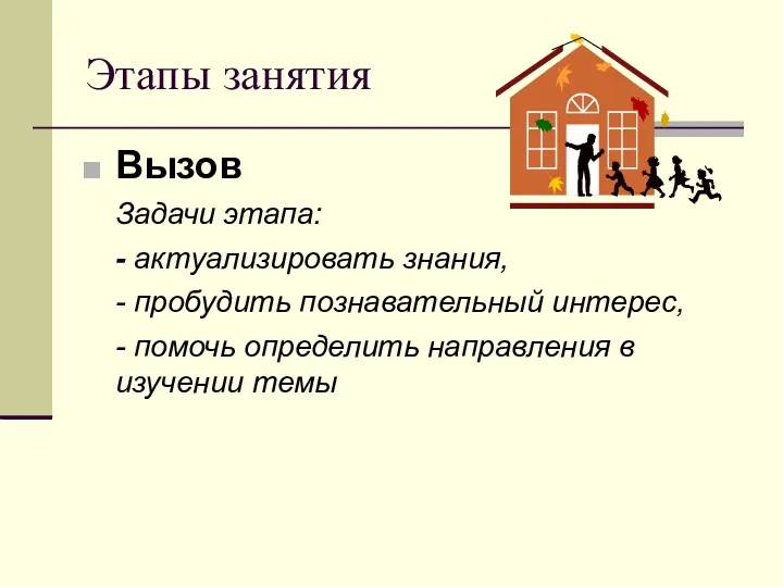 Этапы занятия Вызов Задачи этапа: - актуализировать знания, - пробудить познавательный интерес, -