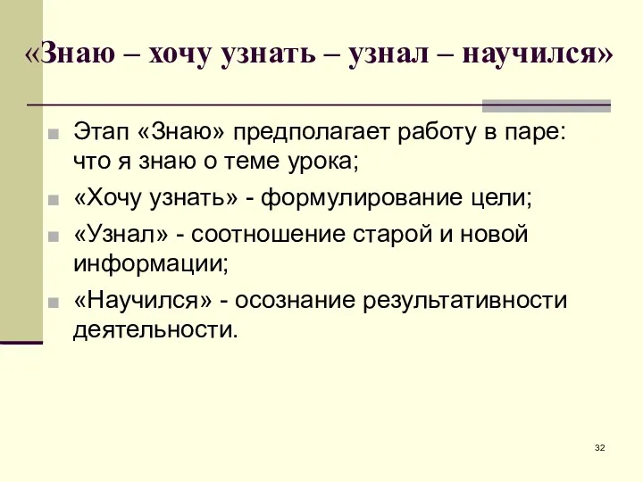 «Знаю – хочу узнать – узнал – научился» Этап «Знаю» предполагает работу в