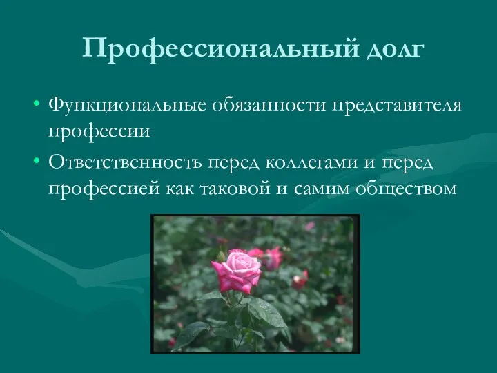 Профессиональный долг Функциональные обязанности представителя профессии Ответственность перед коллегами и