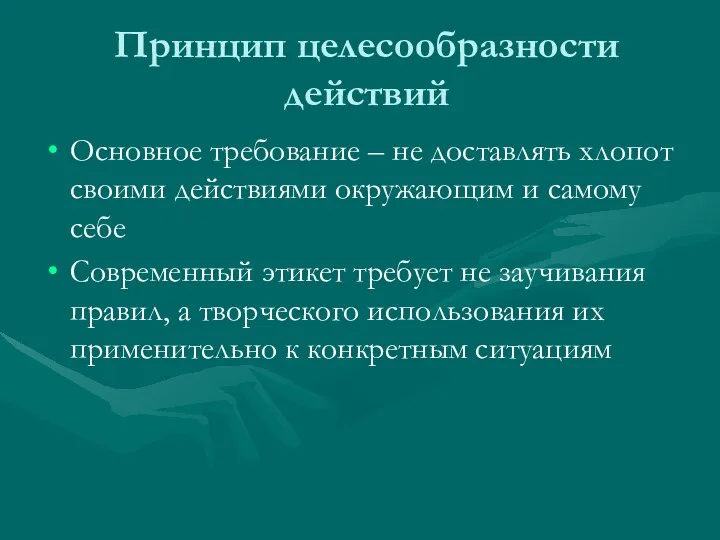 Принцип целесообразности действий Основное требование – не доставлять хлопот своими