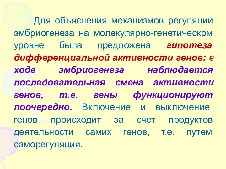 Для объяснения механизмов регуляции эмбриогенеза на молекулярно-генетическом уровне была предложена