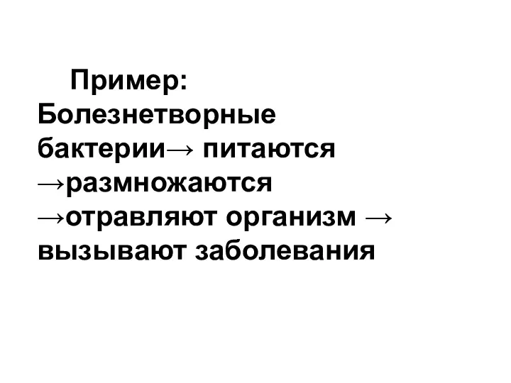 Пример: Болезнетворные бактерии→ питаются →размножаются →отравляют организм → вызывают заболевания