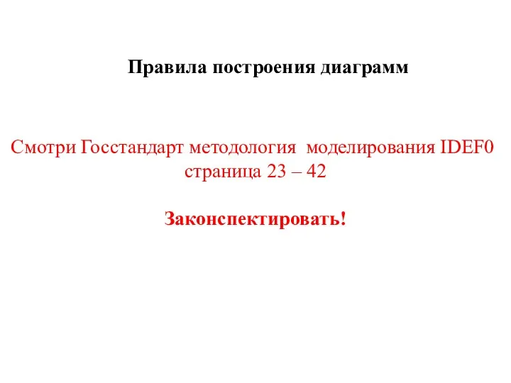 Правила построения диаграмм Смотри Госстандарт методология моделирования IDEF0 страница 23 – 42 Законспектировать!