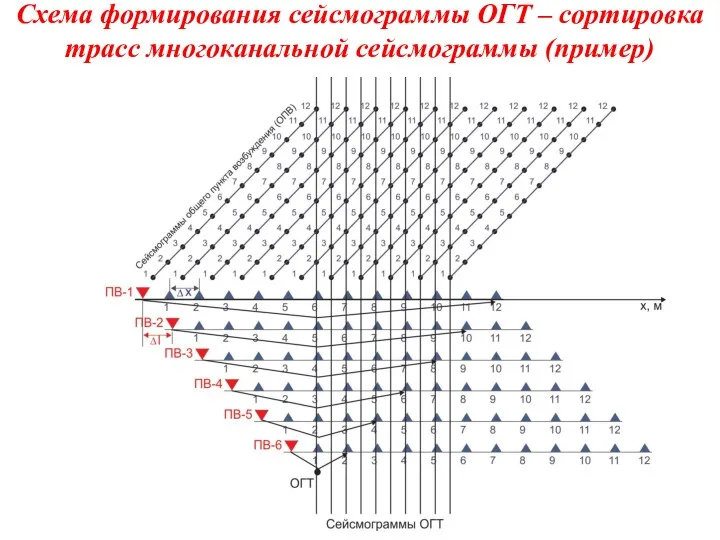 Схема формирования сейсмограммы ОГТ – сортировка трасс многоканальной сейсмограммы (пример)