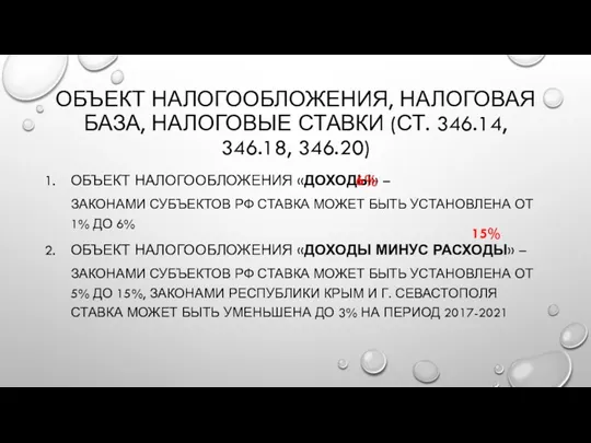 ОБЪЕКТ НАЛОГООБЛОЖЕНИЯ, НАЛОГОВАЯ БАЗА, НАЛОГОВЫЕ СТАВКИ (СТ. 346.14, 346.18, 346.20)