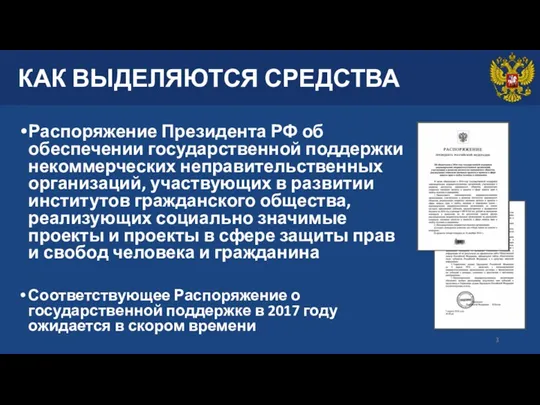 КАК ВЫДЕЛЯЮТСЯ СРЕДСТВА Распоряжение Президента РФ об обеспечении государственной поддержки