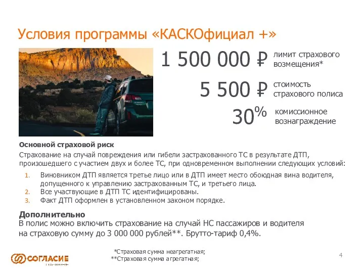 Условия программы «КАСКОфициал +» Страхование на случай повреждения или гибели