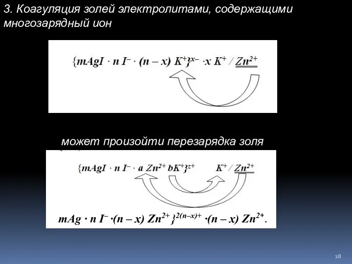 3. Коагуляция золей электролитами, содержащими многозарядный ион может произойти перезарядка