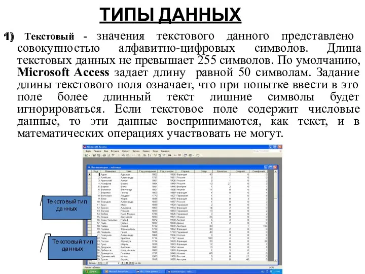 ТИПЫ ДАННЫХ 1) Текстовый - значения текстового данного представлено совокупностью алфавитно-цифровых символов. Длина