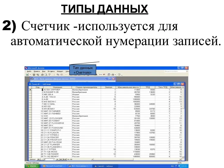 2) Счетчик -используется для автоматической нумерации записей. Тип данных «Счетчик» ТИПЫ ДАННЫХ