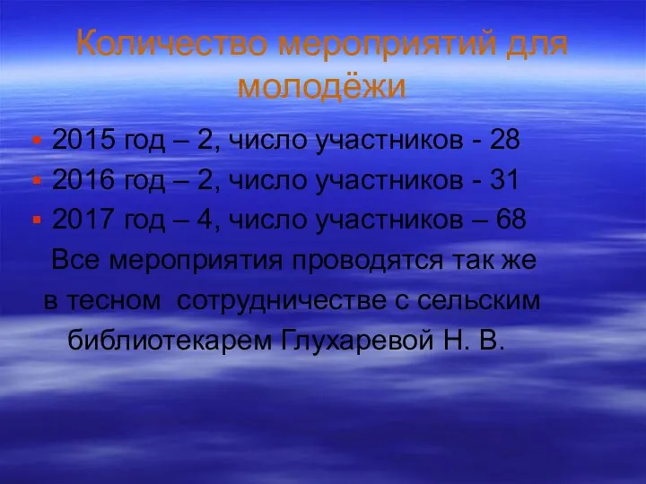 Количество мероприятий для молодёжи 2015 год – 2, число участников - 28 2016