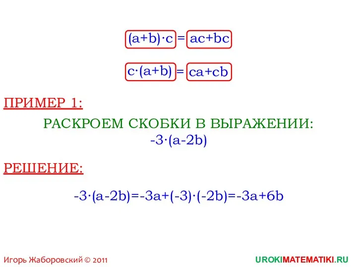 Игорь Жаборовский © 2011 UROKIMATEMATIKI.RU (a+b)∙c = ac+bc c∙(a+b) =