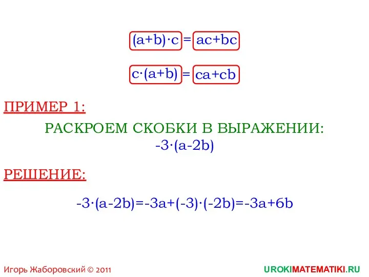 Игорь Жаборовский © 2011 UROKIMATEMATIKI.RU (a+b)∙c = ac+bc c∙(a+b) = ca+cb ПРИМЕР 1: