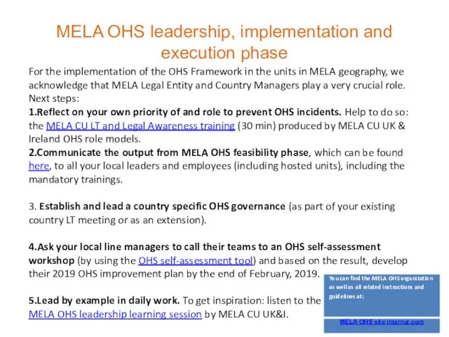 MELA OHS leadership, implementation and execution phase For the implementation