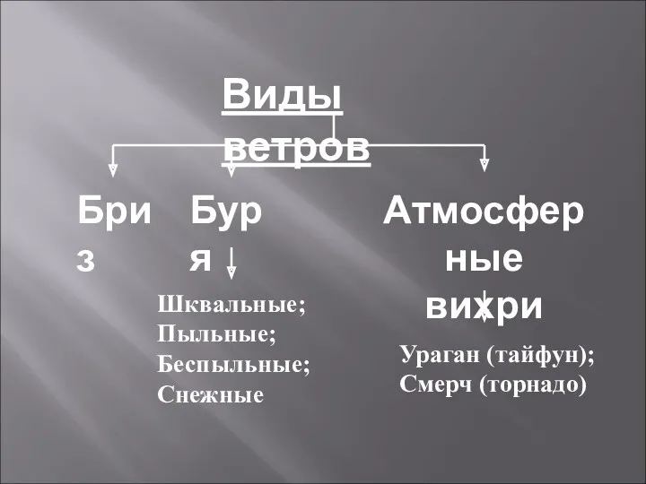 Виды ветров Бриз Буря Шквальные; Пыльные; Беспыльные; Снежные Атмосферные вихри Ураган (тайфун); Смерч (торнадо)