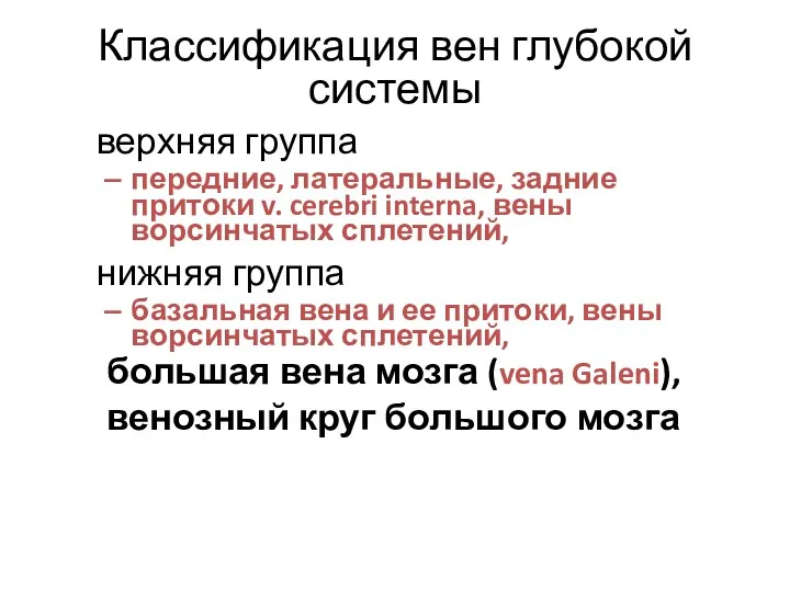 Классификация вен глубокой системы верхняя группа передние, латеральные, задние притоки