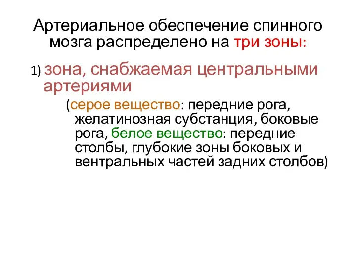 Артериальное обеспечение спинного мозга распределено на три зоны: 1) зона,