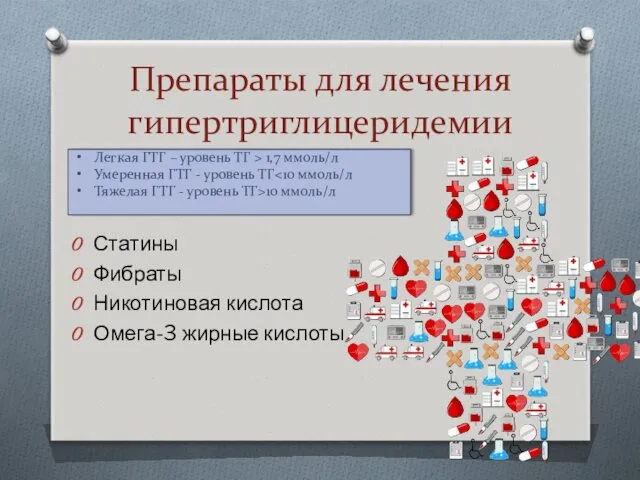 Препараты для лечения гипертриглицеридемии Статины Фибраты Никотиновая кислота Омега-3 жирные