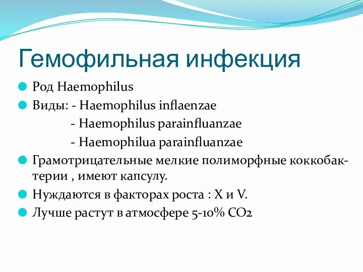 Гемофильная инфекция Род Haemophilus Виды: - Haemophilus inflaenzae - Haemophilus