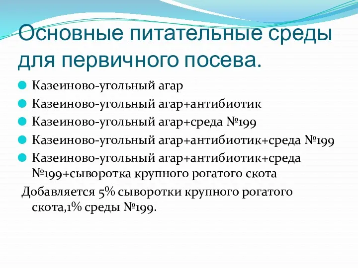 Основные питательные среды для первичного посева. Казеиново-угольный агар Казеиново-угольный агар+антибиотик