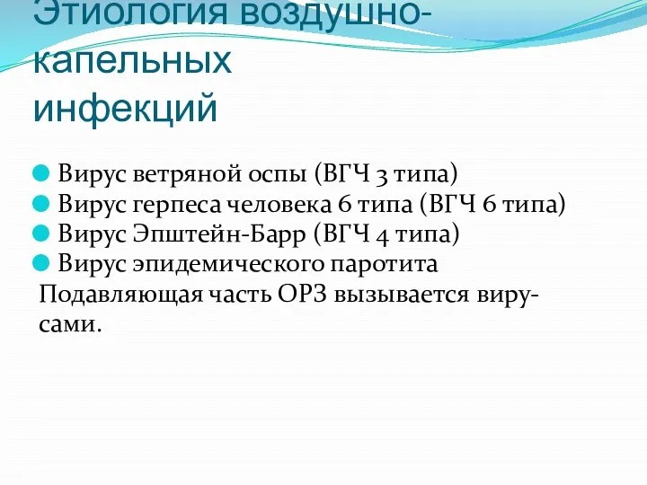 Этиология воздушно-капельных инфекций Вирус ветряной оспы (ВГЧ 3 типа) Вирус