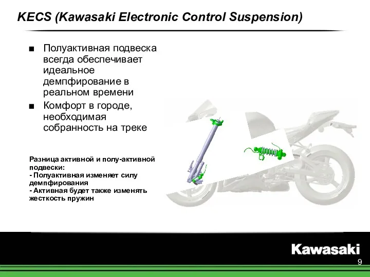 KECS (Kawasaki Electronic Control Suspension) Полуактивная подвеска всегда обеспечивает идеальное демпфирование в реальном