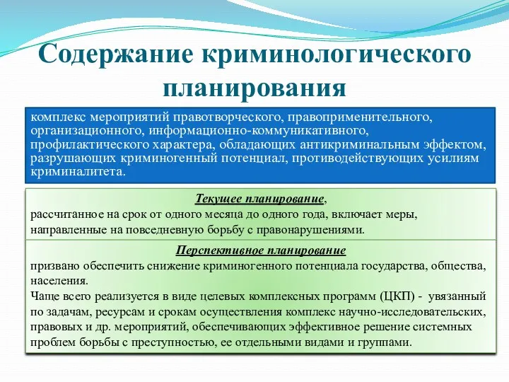 Содержание криминологического планирования комплекс мероприятий правотворческого, правоприменительного, организационного, информационно-коммуникативного, профилактического