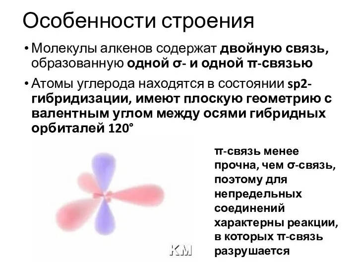 Особенности строения Молекулы алкенов содержат двойную связь, образованную одной σ-