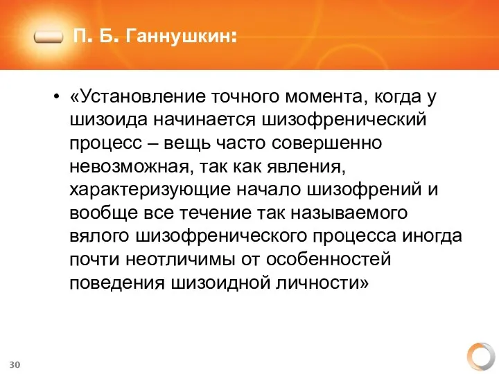 П. Б. Ганнушкин: «Установление точного момента, когда у шизоида начинается