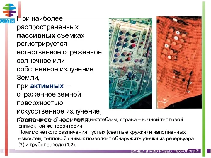 Слева – цветной аэроснимок нефтебазы, справа – ночной тепловой снимок