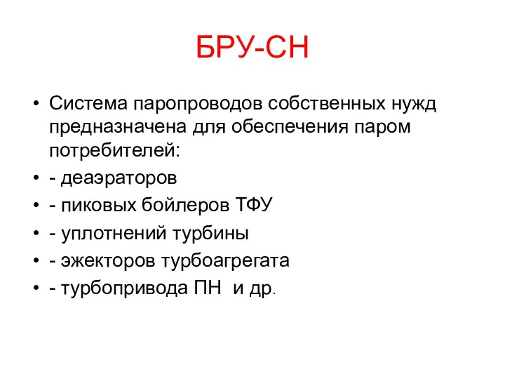 БРУ-СН Система паропроводов собственных нужд предназначена для обеспечения паром потребителей: